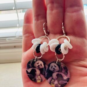 Handmade Printed Panda Shell Pierced Leverback Dangle Earrings